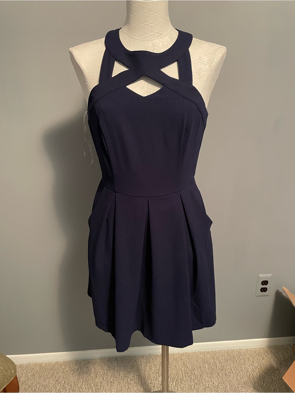 NWT Navy Sleeveless Fit-and-Flare Dress with Crisscross Detail